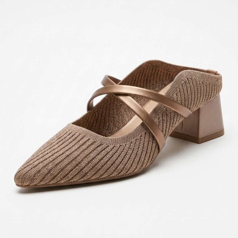 Chic Tan Knit Women's Mules Heeled - Picture 2 of 2